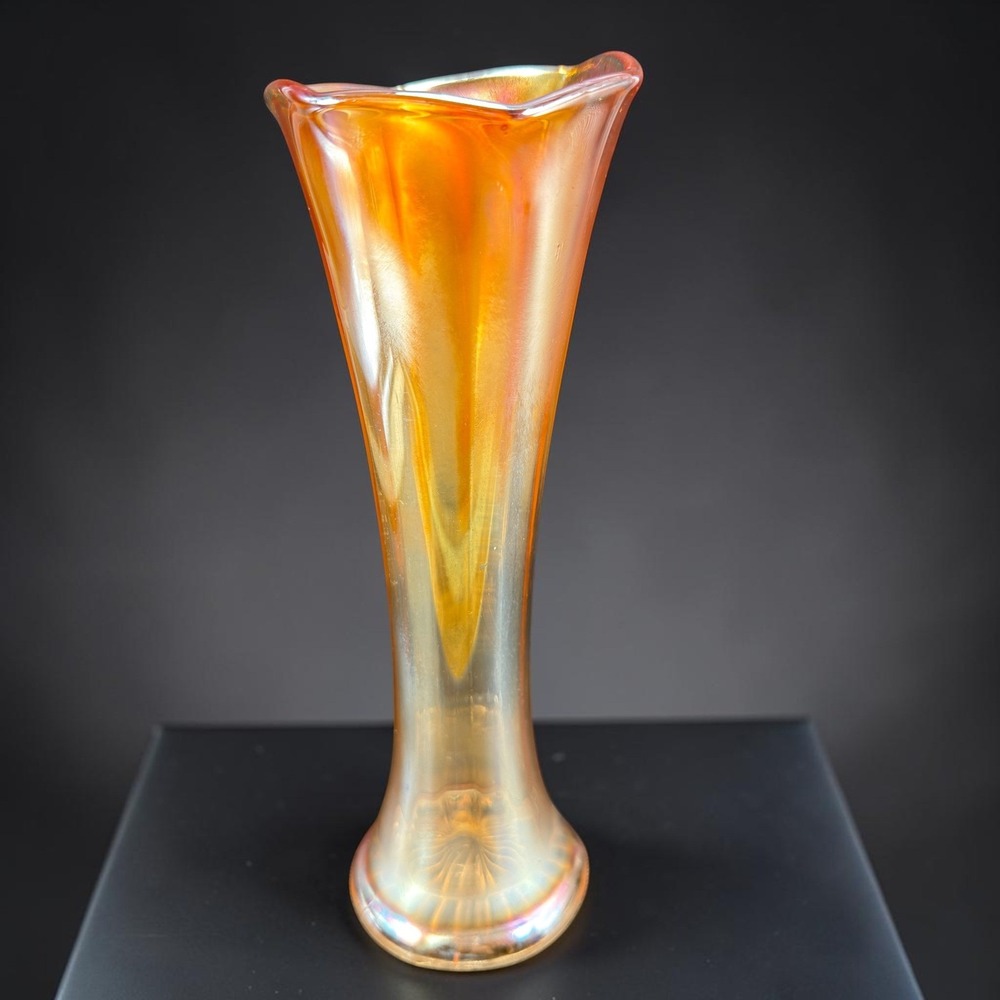 Vintage Marigold Carnival Glass Swung Vase 8.5" Stretched Iridescent Fluted Rim